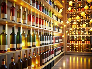Modern Wine Shop Interior: Sleek Design, Illuminated Shelves, Luxurious Ambiance, Wine Bottles, Bokeh