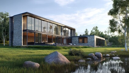 Country house with large glass windows, offering wide views and natural light into the space.