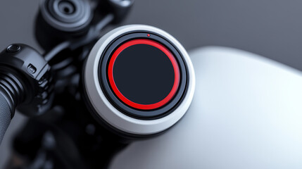 Minimalist motorcycle speedometer with a red accent, mounted on a white fuel tank.