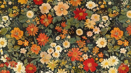 A dark floral pattern featuring red orange and white flowers with green leaves in a dense arrangement