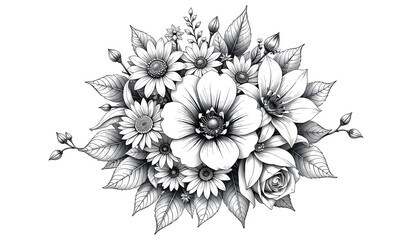 Fototapeta premium A detailed black and white floral illustration with various flowers and leaves arranged together. 