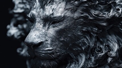 Majestic silver lion sculpture, dark background, close-up, art, fantasy