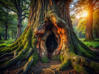 Mysterious Hollow Tree Trunk in Low Light, Dark Forest Night Photography