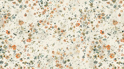 A delicate floral pattern with scattered orange blooms and tiny leaves on a light background surface