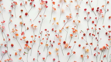 Delicate floral pattern featuring small orange and pink flowers scattered on a white background surface