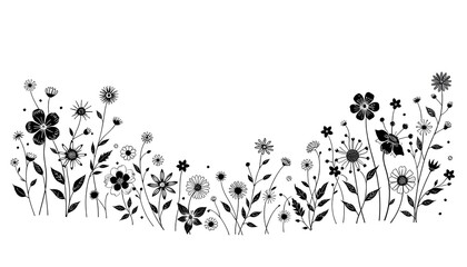 A black  and  white floral border with various flowers and leaves on a white background. 