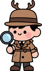 Cute Detective Boy Cartoon with Antler Hat and Magnifying Glass – Flat Vector Character for Kids and Mystery Design Projects