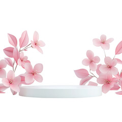 White podium with pink flowers isolated on transparent background