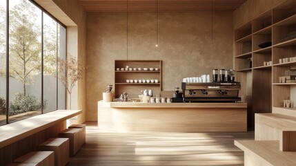 Minimalist cafe interior, wooden counter, espresso machine, sunlight, garden view, coffee shop design