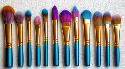 Fototapeta premium Row of colorful makeup brushes with teal handles on white background.