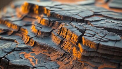 Close-up of cracked layered surface in dark and golden-brown resembling geological strata.