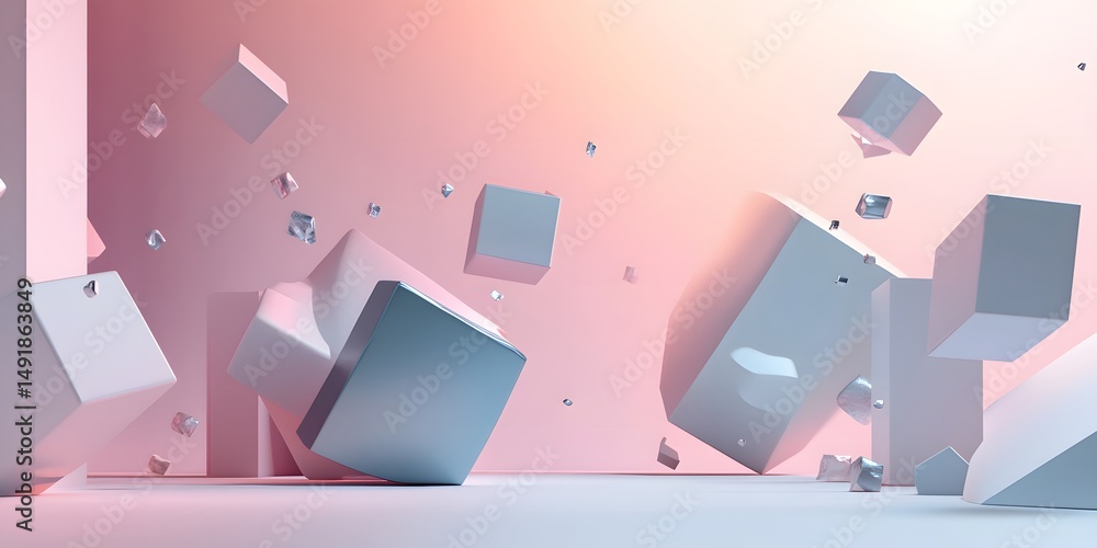 Poster abstract scene of floating geometric shapes.