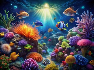 Obraz premium Night Dive: Vibrant Coral Reef Ecosystem Illuminated, Diverse Marine Life