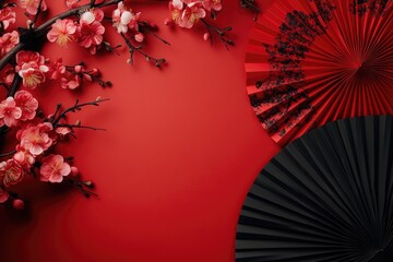 Red background with plum blossoms and fans
