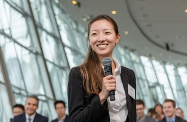 Engaging Speaker at Business Conference with Microphone in Hand
