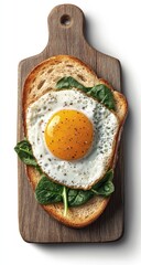 A perfectly fried egg, sunny-side up, atop toasted bread with spinach, rests on a dark wooden cutting board