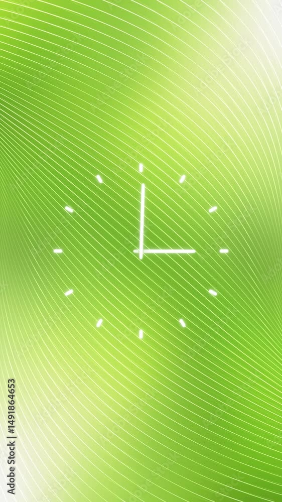 Poster loop analog time clock on green lines motion pattern vertical background.