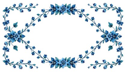 A white  background frame adorned with blue floral motifs, creating an elegant decorative border. 