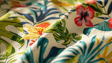 Close up of folded fabric with a vibrant tropical floral pattern in bright colors and a light background