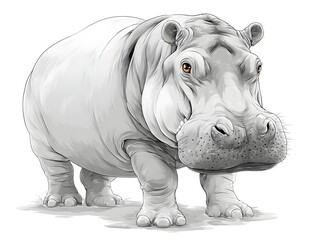 Obraz premium A majestic hippopotamus stands majestically on a white background showcasing its impressive size and detailed features in a realistic illustration.