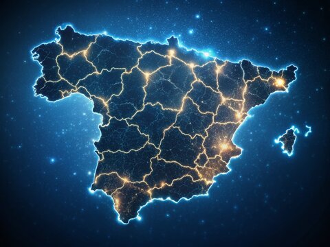 Night Photography:  Spanish Map with Independent Catalonia - Illuminated Borders