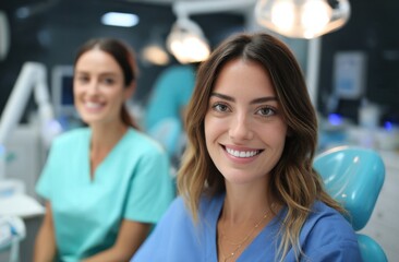 Fototapeta premium Young Woman Smiling in Dental Office with Professional Dentist Nearby