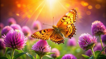 Obraz premium Orange Butterfly on Purple Clover - Vibrant Summer Meadow Landscape