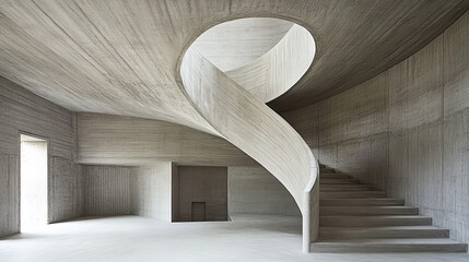 Modern concrete spiral staircase in an empty interior.  A minimalist design with smooth concrete surfaces