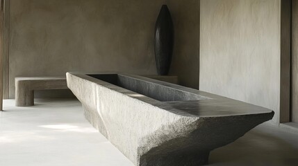 Modern, minimalist interior design featuring a large, sculpted stone trough