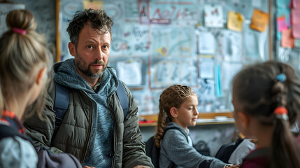 Teacher Talks to Students Classroom.