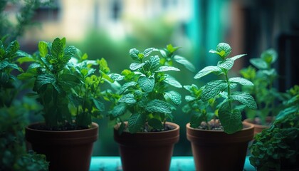 Potted mint plants on balcony with urban buildings.