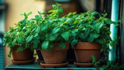 Potted mint plants on balcony with urban buildings.