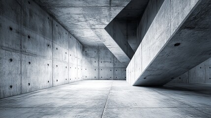 Modern, concrete interior space, featuring geometric forms and smooth surfaces