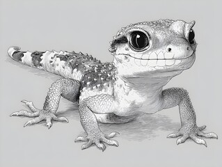 A detailed pencil drawing of a cute gecko lizard with large eyes smiling playfully on a light grey background.