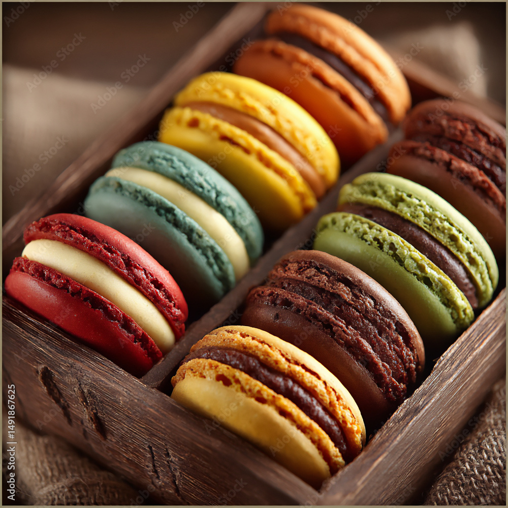 Poster elegant display of colorful macarons with delicate shells and creamy fillings