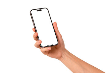 Hand showing smartphone with blank screen isolated. Premium high quality studio shot. Concept for technology, business, finance and advertising.