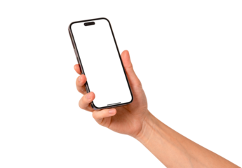 Hand showing smartphone with blank screen isolated. Premium high quality studio shot. Concept for technology, business, finance and advertising.