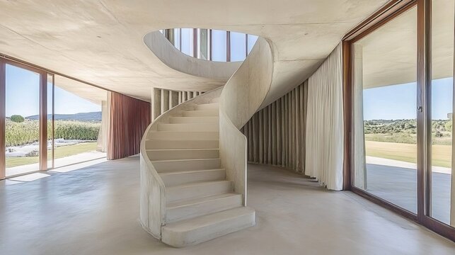 Spiral concrete staircase in a modern home with panoramic views - Powered by Adobe