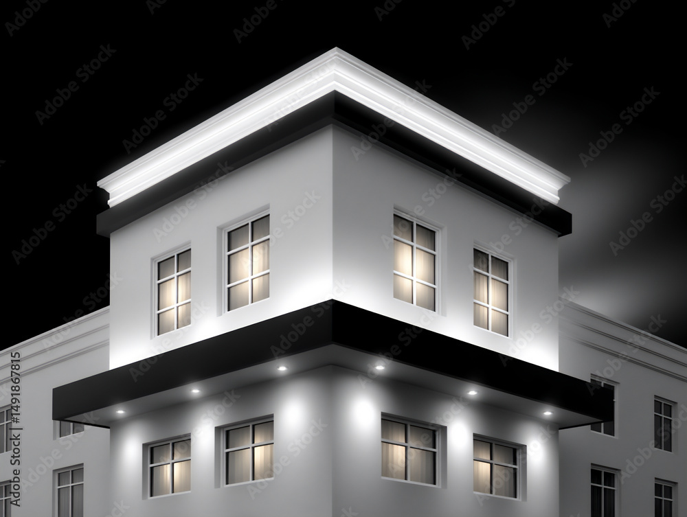 Poster sleek and modern architecture of a building illuminated at night with sharp lines and geometric patt