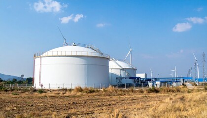 Hydrogen energy storage gas tank for clean electricity solar and wind turbine facility.
