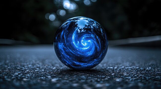 Mystical blue orb on asphalt