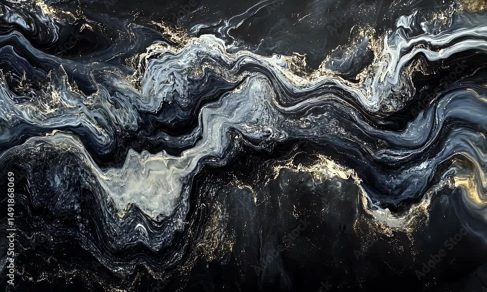Poster a digital art piece featuring an abstract background with swirling patterns of dark blue and white, 