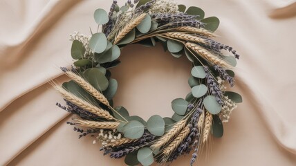Rustic wreath with wheat, lavender, eucalyptus and baby's breath.