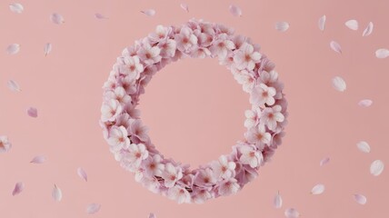Obraz premium Full cherry blossom floral wreath with scattered petals on pink.