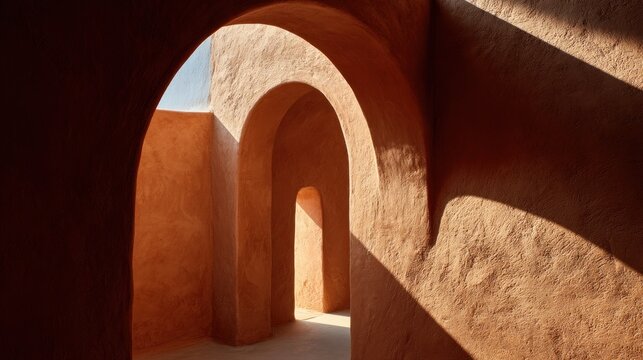 Sunlit terracotta arches,  an architectural passageway