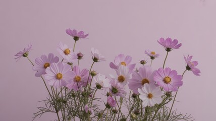 Soft focus cosmos flower garden in bloom on muted pink background.