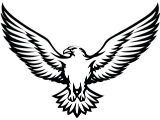 Obraz premium A majestic eagle with wings spread wide soars majestically showcasing strength and freedom in a powerful black and white illustration.