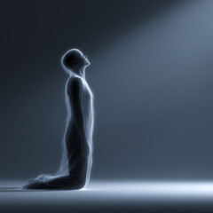 ethereal image of energy meridians glowing softly on a human silhouette in a meditative pose