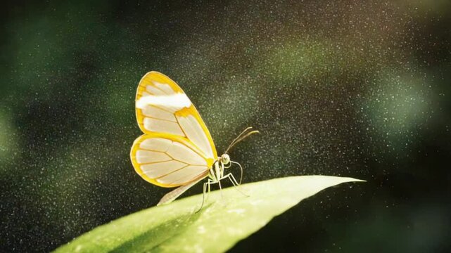 Golden Glasswing Butterfly on Leaf: A delicate Golden Glasswing butterfly with translucent wings rests on a vibrant green leaf, bathed in the warm glow of a setting sun.