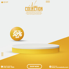 Promotional social media product sale advertisement poster design with a 3D realistic empty podium. Product showcase vector. Minimalist studio backdrop background design template. Product mockup. 